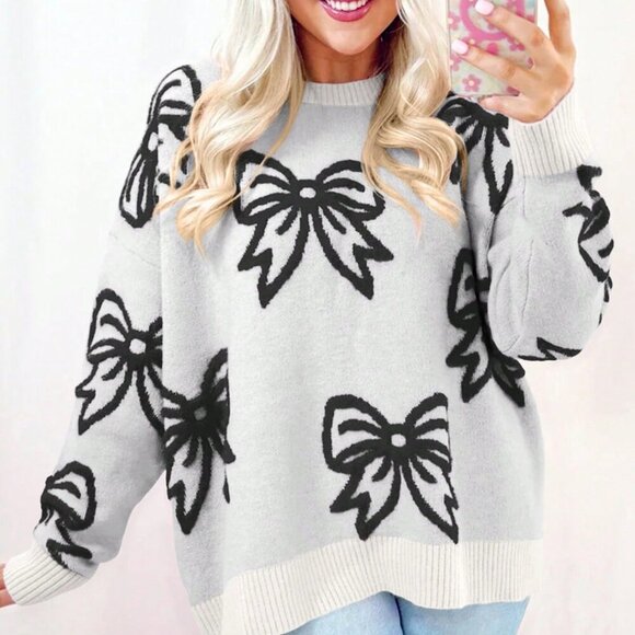 Casual Women's Jacquard Bow Print Round Neck Long Sleeved sweater top - Picture 1 of 8